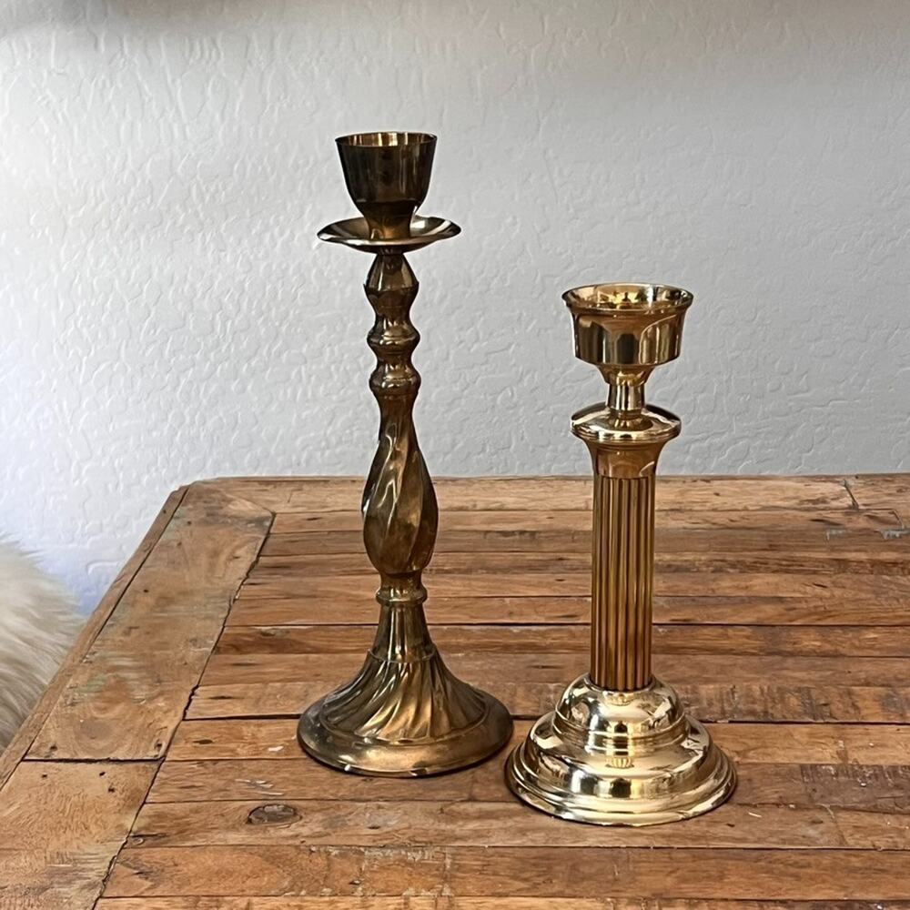 Vintage Brass Candlestick Holders Set of 2 Twisted Stem Pillar Design